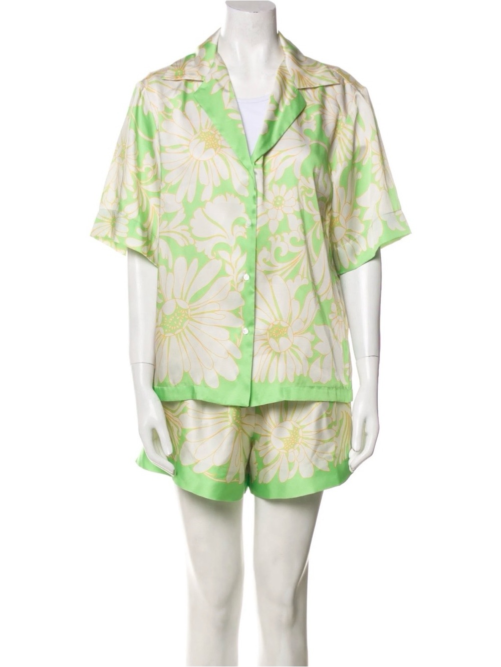 Sandro Green and White Floral Button-Up Blouse with matching shorts